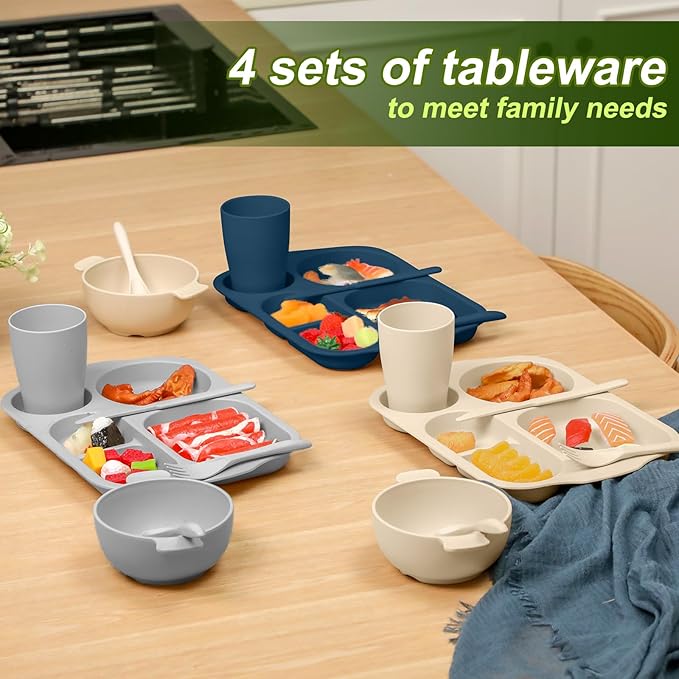 24 Pcs Wheat Straw Dinnerware Cutlery Set for Adult Including Divided Plates Microwave Dishwasher Safe Bowl Unbreakable Tableware Straw Cutlery Spoon Knife Fork(Dark Color)