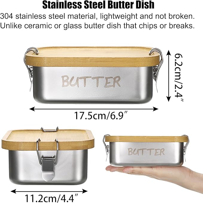 BSTKEY Butter Dish with Lid for Countertop, Stainless Steel Butter Holder Container with Silicone Sealing, Unbreakable Butter Keeper for Kitchen, Holds 1 Stick West or 2 Sticks East Coast Butter