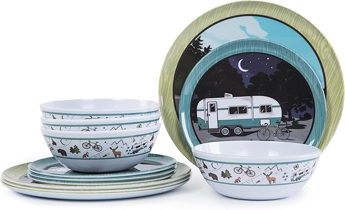 12-Piece Melamine Dinnerware Set, Lightweight Unbreakable Plates and Bowls Set, Outdoor Camping Dishes – Perfect for RV, Picnic, Backpacking, Patio,Getaways (Service for 4)