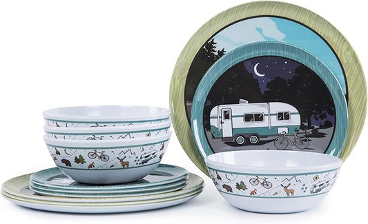12-Piece Melamine Dinnerware Set, Lightweight Unbreakable Plates and Bowls Set, Outdoor Camping Dishes – Perfect for RV, Picnic, Backpacking, Patio,Getaways (Service for 4)