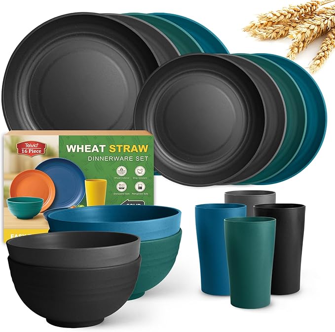Teivio 16-Piece Kitchen Plastic Wheat Straw Dinnerware Set, Service for 4, Dinner Plates, Dessert Plate, Cereal Bowls, Cups, Unbreakable Plastic Outdoor Camping Dishes, Coastal Multicolor