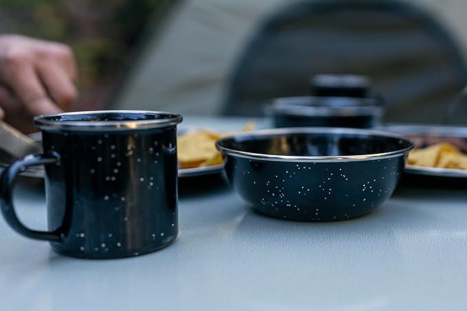 Stansport Deluxe 24-Piece Enamel Tableware Set - Enamel Plates and Bowls Lightweight and Durable Camp Dish Set for Camping and Backpacking Plates and Bowls for 4 People