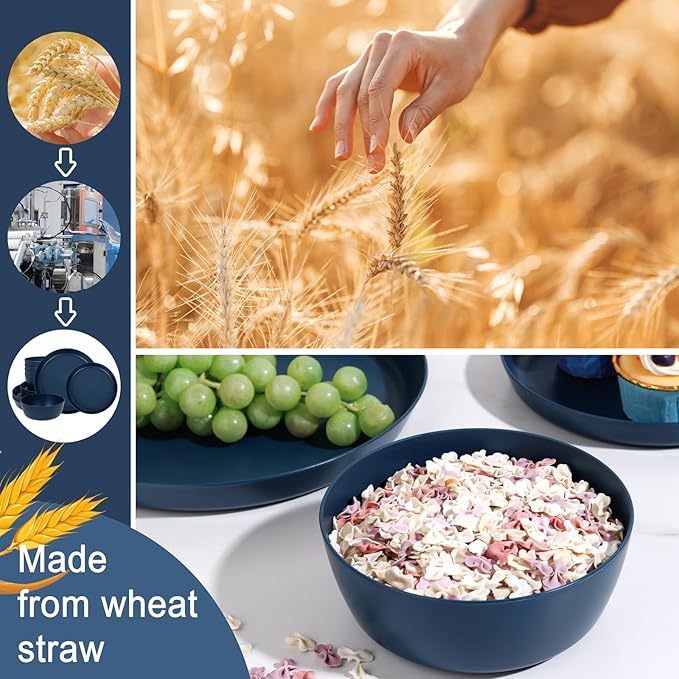 EI 12pcs Dark Blue Wheat Straw Dinnerware Set,Wheat Straw Plates,Plastic Plates Reusable,Plate and Bowls Sets,Unbreakable Plastic Plate for Dinner, Camping,Picnic