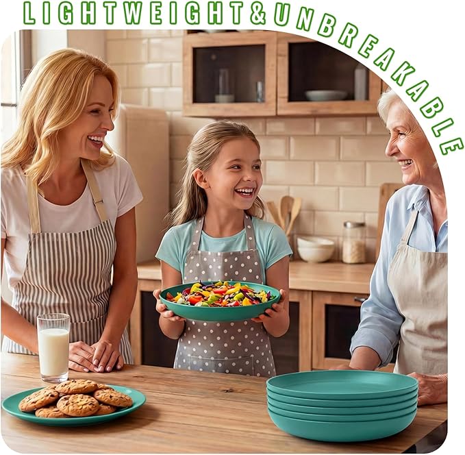 Unbreakable Dinner Plates 6-Piece Set, 9 Inch Wheat Straw Deep Dish Plates, Lightweight Reusable Plastic Plates for Kids, Microwave and Dishwasher Safe plate set for Kitchen, Camping, Green