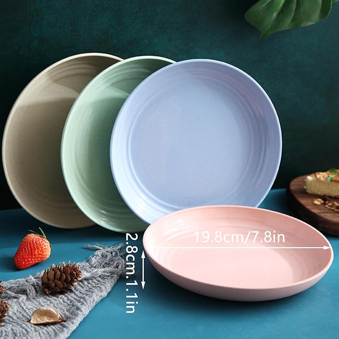 Wheat Straw Plates, Unbreakable Dinner Plates Set of 4, 8 Inch Plastic Plates Reusable, Dishwasher & Microwave Safe, Lightweight Salad Plates for Camping/Kitchen