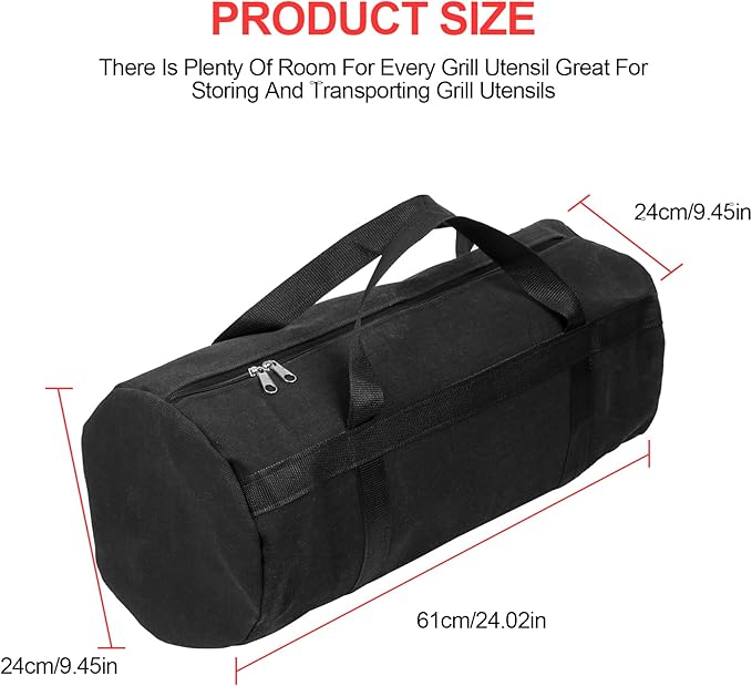 24" Grill Tool Storage Bag, Canvas, Black, Unisex, Classic Style, 60x24x24 cm/24 * 9.4 * 9.4 inches, Zipper Closure, Hand Strap, Perfect for Outdoor Grilling, Camping, Hiking