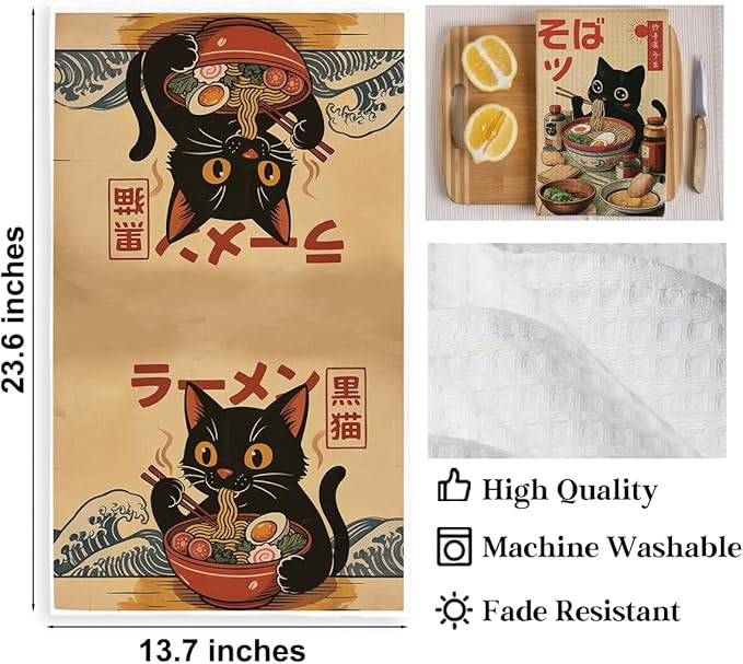 2PCS Vintage Japanese Cat Kitchen Towels, Quirky Ramen Cat Reusable Absorbent Waffle Weave Dish Tea Towels for Cleaning Cooking, Microfiber Kitchen Towel, Cats Lovers Gifts for Women Noodle Lover