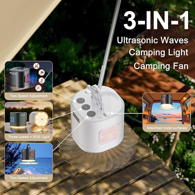 Portable Camping Light Camping Fan & Ultrasonic 3-in-1 Tent Lights USB Rechargeable 1200mAh Battery Outdoor LED Light & SOS Light ,with Hook Magnet Suitable for Indoor Outdoor Hiking (White)