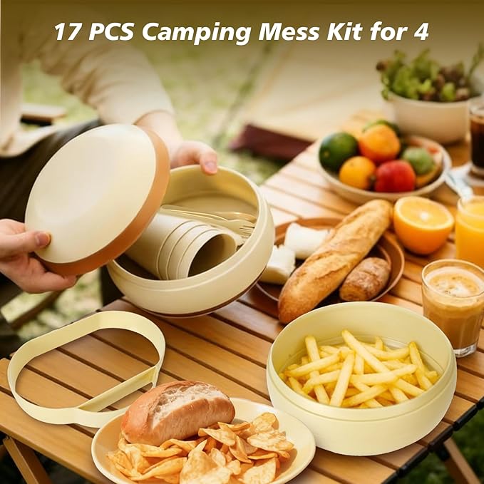 Camping Dishes Picnic Set, Camping Plates Cups and Bowls Set with Spoons and Forks, BPA Free, 17PCS Camping Mess Kit, Plastic Reusable Cutlery Set for 4, Portable Small Size, Not Microwave Safe