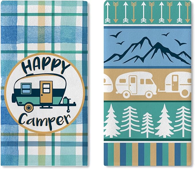 Happy Camper Kitchen Dish Towels Set of 2, Camping RV Adventure Travel Mountain Tree Drying Hand Towel Baking Cooking Cloth, Campsite Buffalo Plaid Bathroom Home Decoration 18'' x 26''