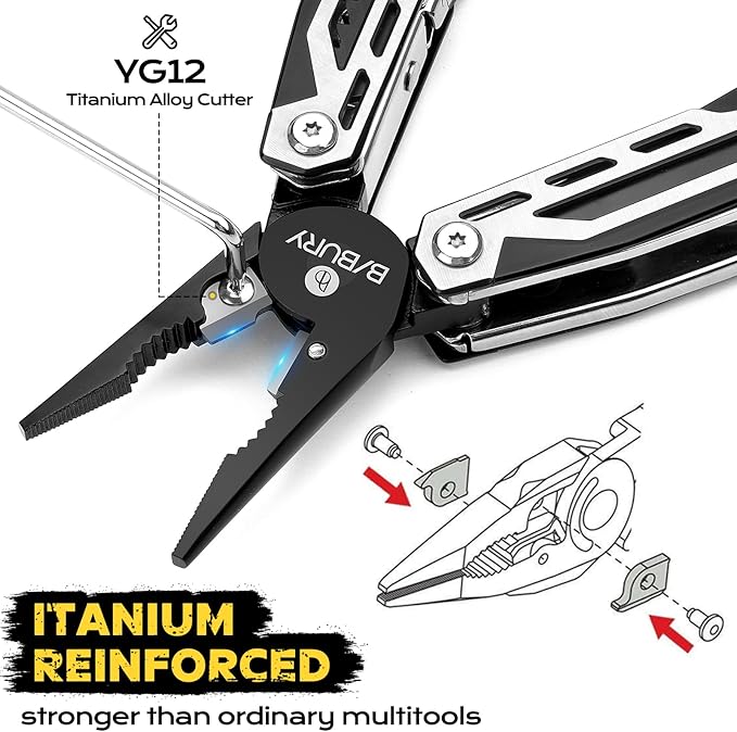 BIBURY Multitool, 21-in-1 Stainless Steel Pocket Knife with Scissors, Self-locking Multi Tool Pliers with Sheath for Outdoor, Survival, Camping, Home Repair, Gadgets for men Gifts for Men