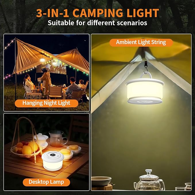 TOHETO 2-Pack Camping String Lights, 3 in 1 Upgraded Retractable RGB Outdoor String Lights with 19 Lighting Modes, Quick 30s Recovery, 32.8 FT Portable Tent Light, Rechargeable Camping Lantern (White)