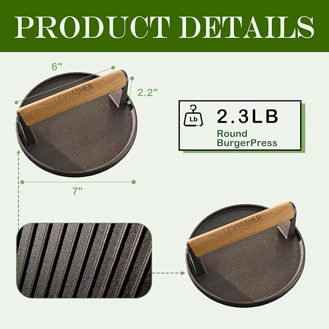 2.3lb Steak Weight & Burger Press, Striped Base, 7" Heavy Duty Cast Iron Grill Press with Wood Handle for Blackstone, Chef, Camp, Panini, Vegetable, Bacon, Sandwich, BBQ