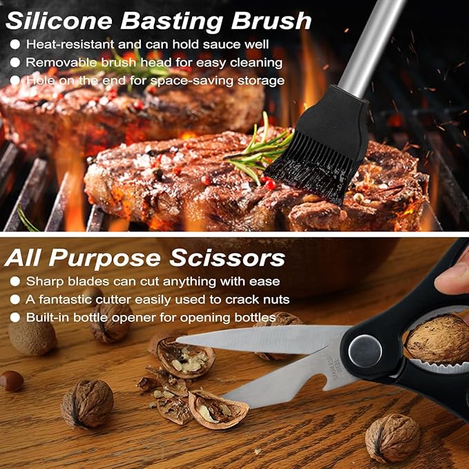 POLIGO 29 PCS BBQ Grill Accessories Stainless Steel BBQ Tools Grilling Tools Set with Storage Bag for Fathers Day Dads Birthday Presents - Camping Grill Utensils Set Ideal Grilling Gift for Men Silver