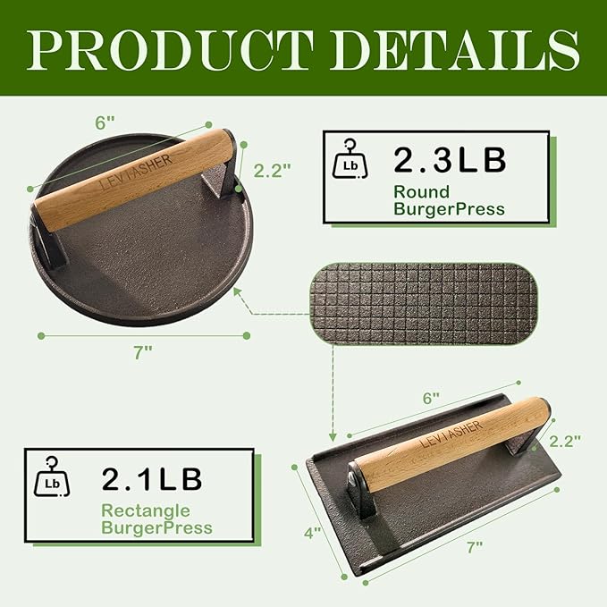 2Pack 2.3lb Steak Weight & Burger Press, Grid Base, 7" Round 7"X4" Rectangle Heavy Duty Cast Iron Grill Press with Wood Handle for Blackstone, Chef, Camp, Panini, Vegetable, Bacon, Sandwich, BBQ