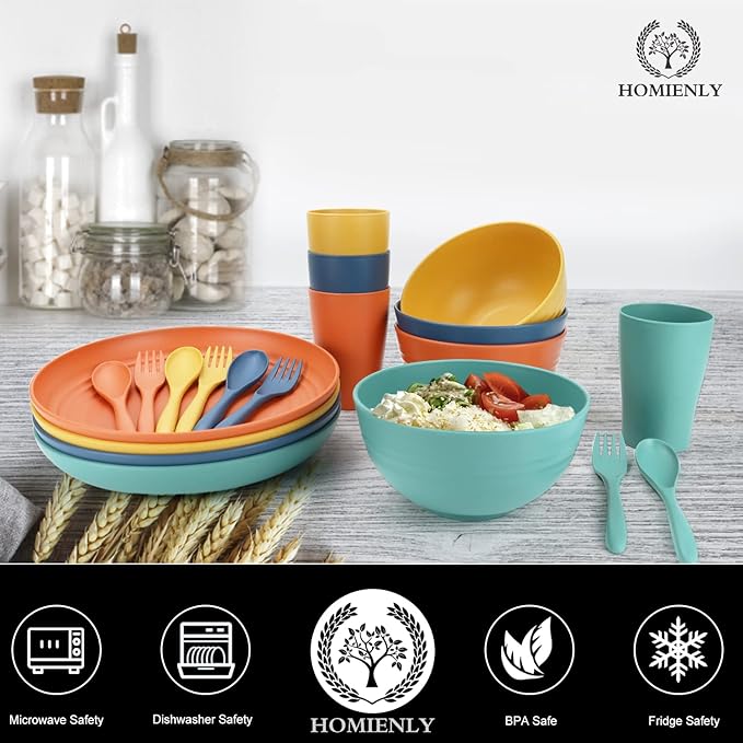 Homienly Wheat Straw Plates and Bowls Sets Unbreakable Dinnerware Set 20 PCS Dish Set for Camping, Party, Picnic Microwave and Dishwasher Safe Kitchen Dinner Set Apartment Essentials (Multicolor)