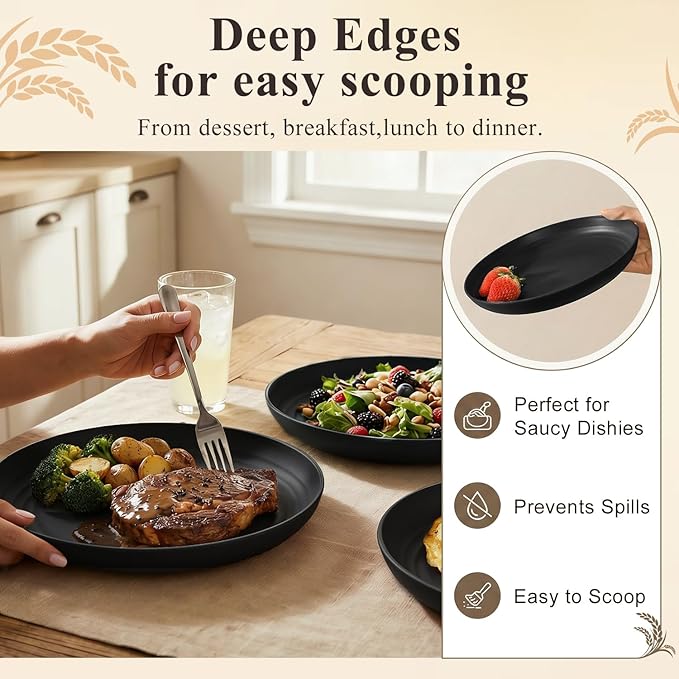 Dinner Plates 9 Inch, Wheat Straw Plates Set of 8, Alternatives to Plastic Plates Rusable, Unbreakable Serving Dishes, Microwave Safe Salad Plates for Breakfast, Lunch, Dinner - Black