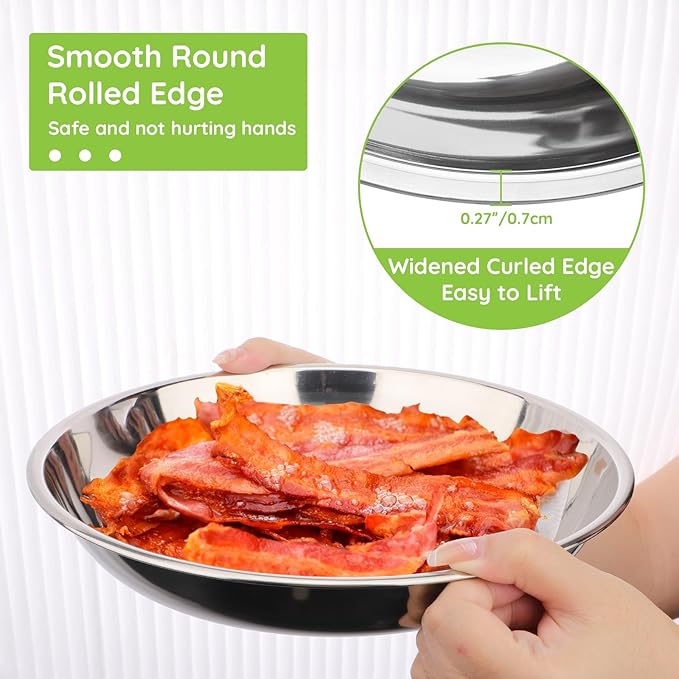 Patterned Deep Metal Camping Plates, 4 Pack 9.4 inch 201 Stainless Steel Plates, Reusable Pizza Food Serving Snack Eating Salad Dishes Round Shatterproof Silver Dinnerware Dinner Oven Safe