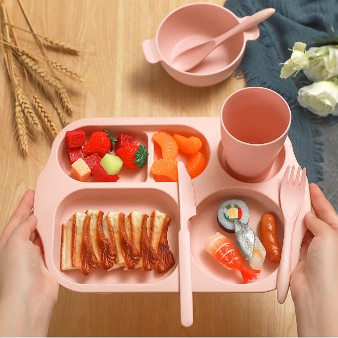 24 Pcs Wheat Straw Dinnerware Cutlery Set for Aldult Including Divided Plates Microwave Dishwasher Safe Bowl Unbreakable Tableware Straw Cutlery Spoon Knife Fork(Pink)