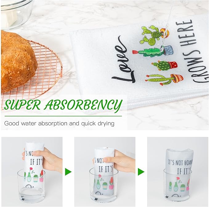 R HORSE 5Pcs Funny Kitchen Towels - Succulent Cactus Plant Kitchen Dishcloth Green Theme Absorbent Cleaning Dishcloth Bar Hilarious Hand Towel Gift for Housewarming Plant Lover Lady Women
