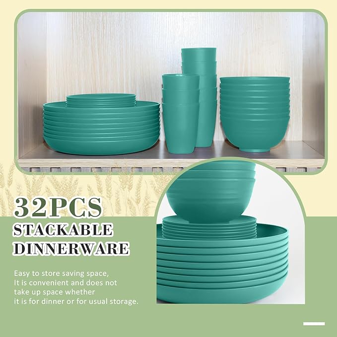 Wrova Wheat Straw Dinnerware Set of 32,Unbreakable Dinner Plates and Bowls Dishes Sets Service for 8,Dishwasher Safe Dinnerware Sets for Kitchen and Camping.Green