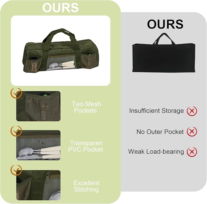 22" Upgraded Grill Tools Storage Bag, BBQ Utensil Holder with Pockets, Carry Bag for Outdoor Camping & Hiking BBQ, Gift for Men, Green