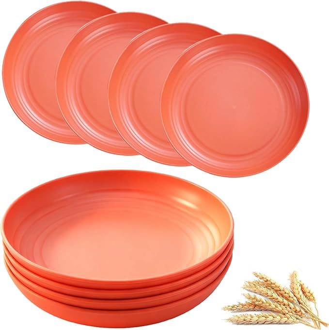 Wheat Straw Plates, Unbreakable Dinner Plates Set of 4, Plastic Plates Reusable, Dishwasher & Microwave Safe, Lightweight Salad Plates for Camping/Kitchen (Orange)