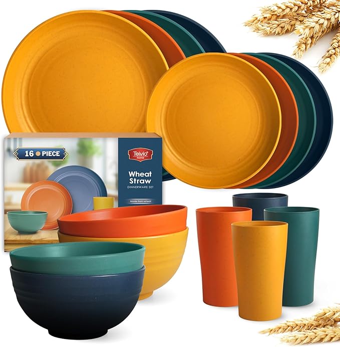 Teivio 16-Piece Kitchen Plastic Wheat Straw Dinnerware Set, Service for 4, Dinner Plates, Dessert Plate, Cereal Bowls, Cups, Unbreakable Plastic Outdoor Camping Dishes, Autumn Multicolor