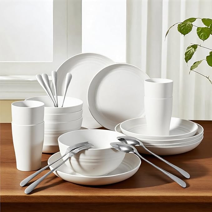 24 Pcs Dinnerware Set- Dinner Plates Set- Picnic & Camping- Unbreakable & Reusable- Includes 4x 9in, 4x 8in Plates, 4x 6in Bowls, 4 Cups, 4 Stainless Steel Forks and Spoons- Kitchen, Dorm, Office