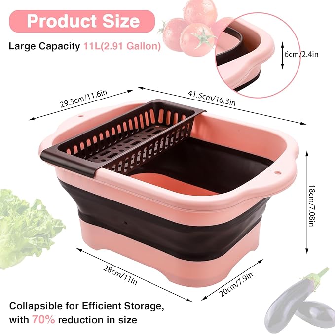 Collapsible Dish Basin with Drain Plug and Portable Sink, 11L(2.91 Gallon) Collapsible Bucket with Sink. Foldable Wash Basin for Station Campin/Camping/Rv/Kitchen (Pink)