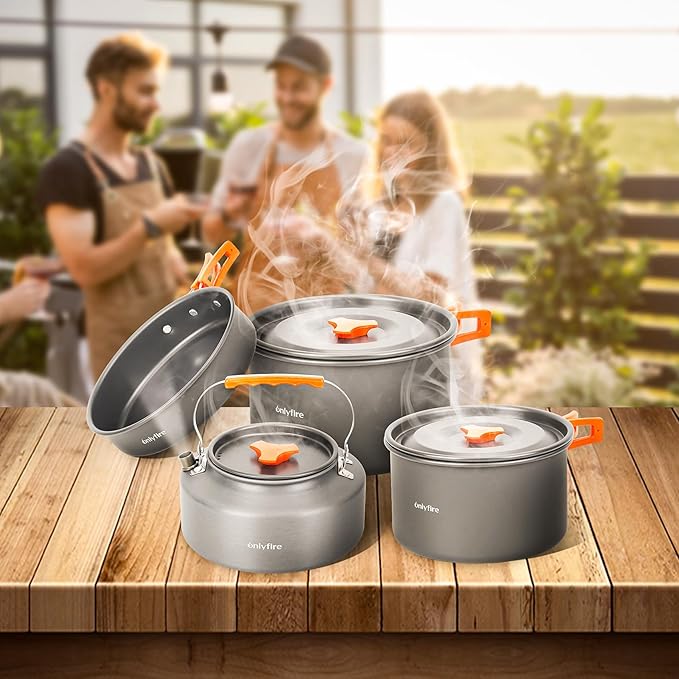 ONLYFIRE OUTDOOR LIVING15pcs Camping Cookware Set, Lightweight Nonstick Pots, Pan, Kettle, Utensils, Bowls, and Cleaning Tool with Mesh Bag for Camping Hiking Backpacking RV Tailgating Cooking, CT605