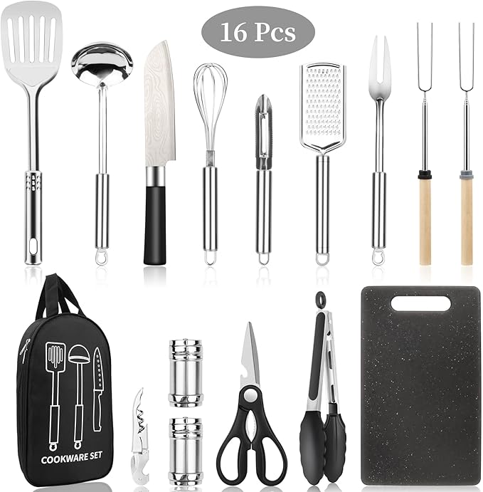Camping Cooking Utensils Set, Stainless Steel Grill Tools, Camping BBQ Cookware Gear and Equipment for Travel Tenting RV Van Picnic Portable Kitchen Essentials Accessories
