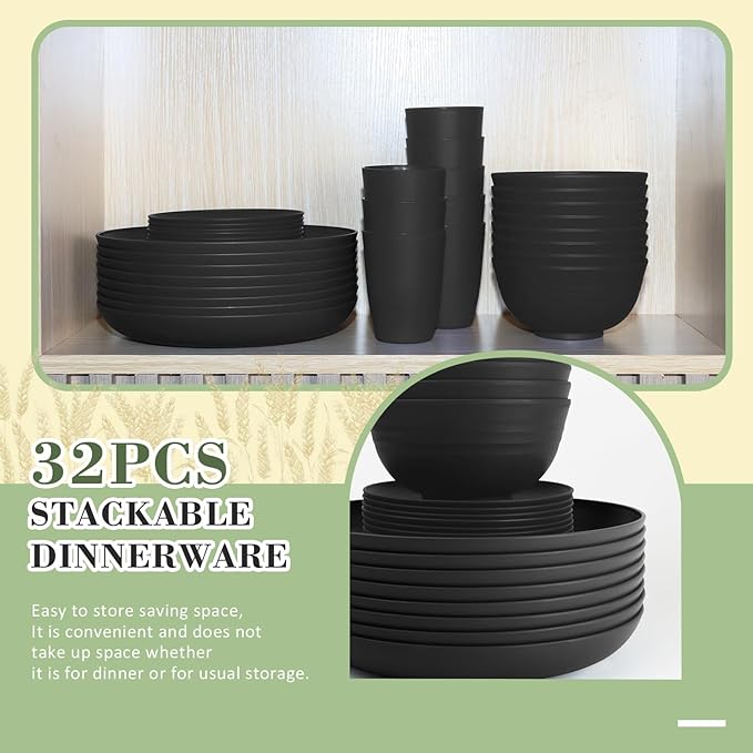 Wrova 32-piece Kitchen Alternative Melamine Wheat Straw Dinnerware Sets,Unbreakbale Dishwasher Safe Kitchen Bowls and Plates Sets with Cups,Apartment Essential Dishes Set for 8.Black Series
