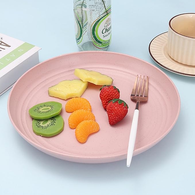 Wheat Straw Plates, Unbreakable Dinner Plates Set of 4, 8 Inch Plastic Plate Reusable, Dishwasher & Microwave Safe, Lightweight Salad Plates for Camping/Kitchen (Pink)