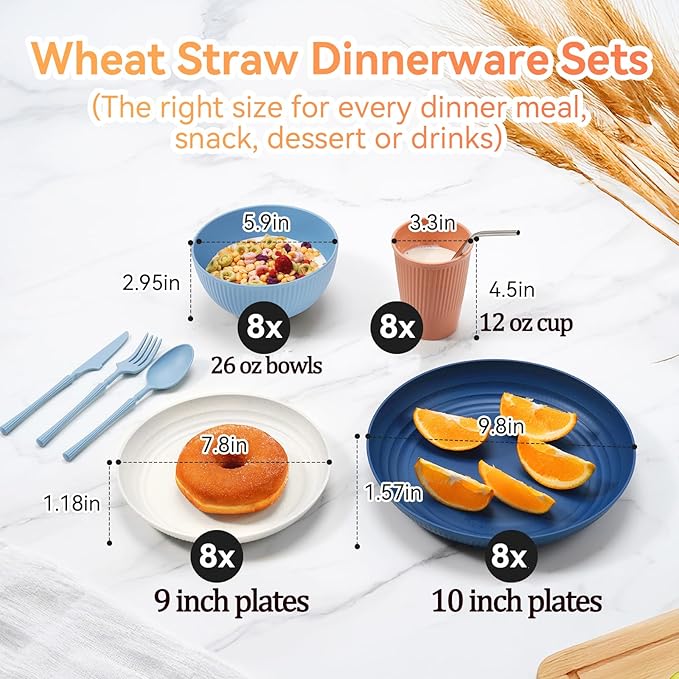 Wheat Straw Dinnerware Sets,64-Piece Plates and Bowls Sets for 8-Unbreakable,Reusable Plastic Dish Set-Dinner Plate/Dessert Plate/Cereal Bowl/Cup/Utensils-Microwave Dishwasher Safe 64P-Profound Gray