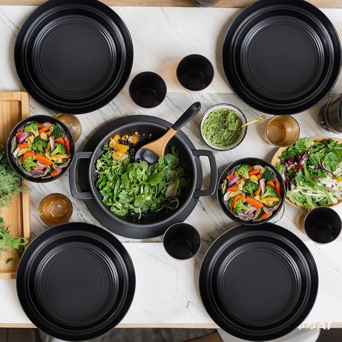 LIYH 16 Pcs Black Wheat Straw Dinnerware Set - Unbreakable Plates and Bowls Sets, Dish Sets for 4, Black Plastic Dinnerware Set Include Wheat Straw Dinner Plates Bowls Cups Kitchen & Camping