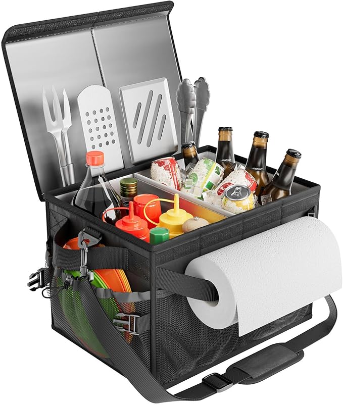 FANGSUN Black Grill Caddy, BBQ Organizer with Lid & Paper Towel Holder, Picnic Griddle Caddy for Outdoor Camping, Barbecue Accessories Organizer, 32L Capacity, Black