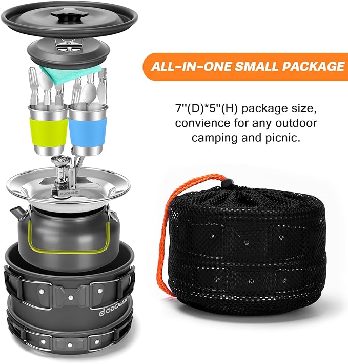 Odoland 16pcs Camping Cookware Set with Folding Camping Stove, Non-Stick Lightweight Pot Pan Kettle Set with Stainless Steel Cups Plates Forks Knives Spoons for Camping Backpacking Outdoor Picnic