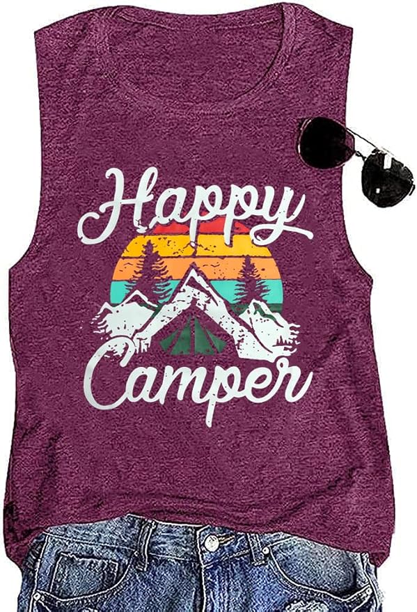 Happy Camp T-Shirt Women Hiking Mountain Adventure Novelty Workout Funny Saying Cute Graphic Athletic Shirt