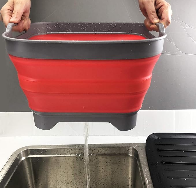 SAMMART 10L (2.64 Gallon) Collapsible Dishpan with Draining Plug - Foldable Washing Basin - Portable Dish Washing Tub - Space Saving Kitchen Storage Tray (1, Grey/Red)