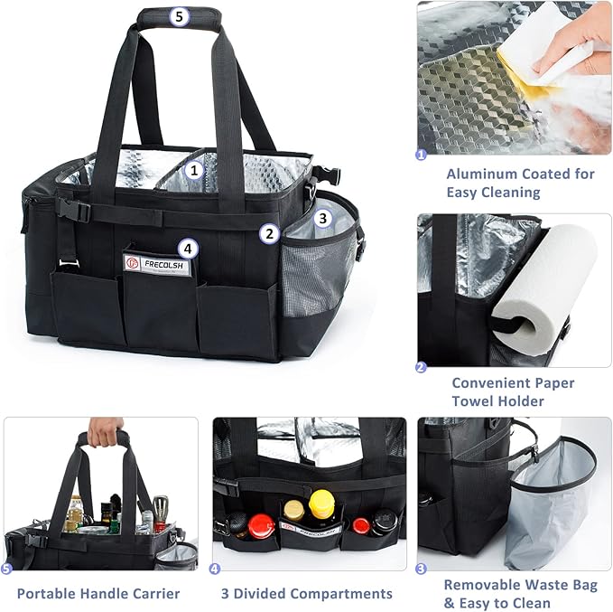 FREECOLSH Black Waterproof Caddy, 16" x 11" x 11", with Detachable Strap and Shoulder Pad for Carrying Utensils and Camping Supplies