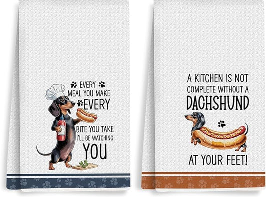 2Pcs Funny Dogs Kitchen Towels 24x14 Inch, Cute Dachshund Waffle Weave Dish Towels for Kitchen Home, White Absorbent Microfiber Hand Tea Towel, Weiner Dog Gifts for Women Dog Lovers 1