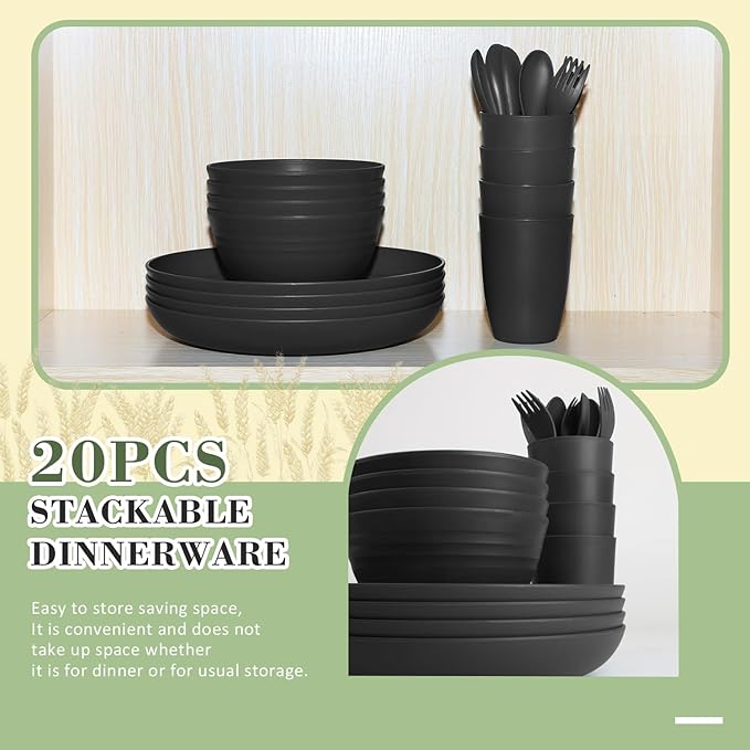Wrova Wheat Straw Dinnerware Sets of 20,Alternative to Melamine dinnerware sets with Flatwares Dishwasher Safe,Lightweight and Unbreakable Camping Dishes for R.V.(Black)