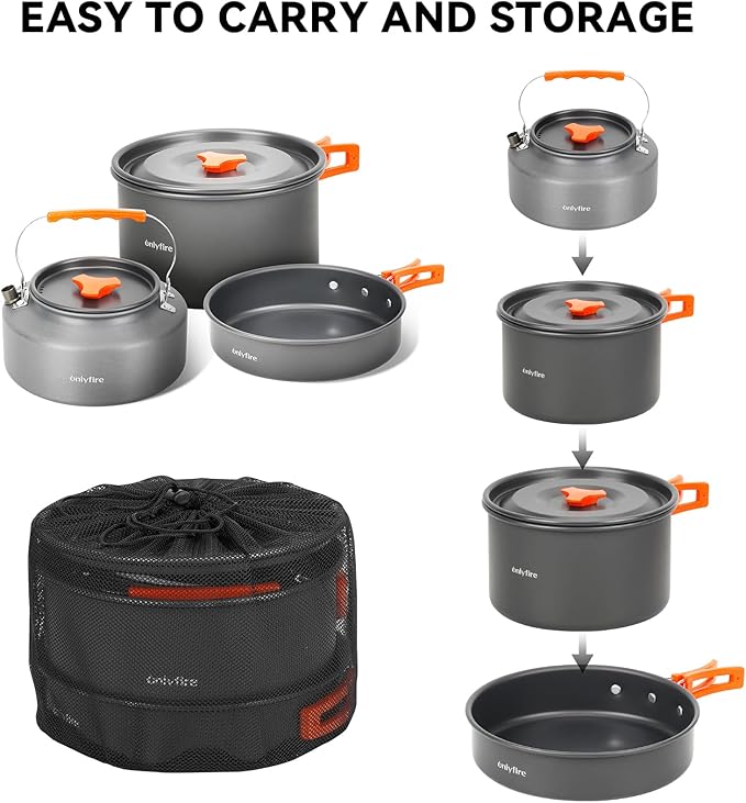 Onlyfire 10pcs Camping Cookware Mess Kit, Non-Stick Lightweight Pot Pan Kettle Set with Plates Forks Knives Spoons for Camping, Backpacking, Outdoor Cooking and Picnic CT603