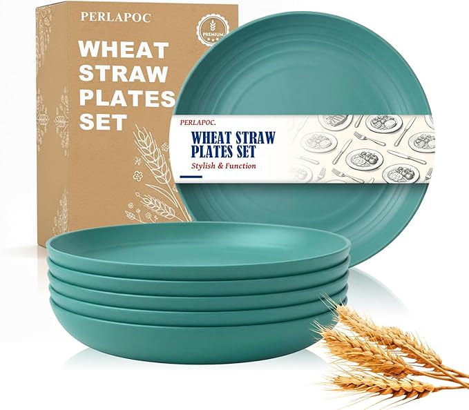 8 Inch Wheat Straw Plates Set of 6, Unbreakable Reusable Plastic Plates, Microwave and Dishwasher Safe Small Dinner Plates for Appetizer, Dessert, Party, Cream, Green