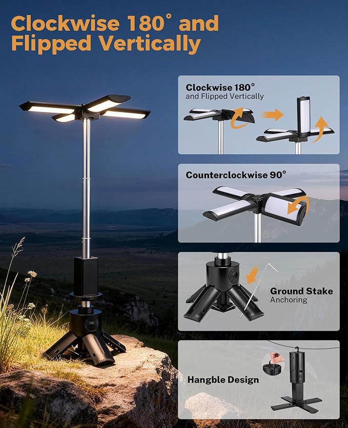Telescopic Camping Light, 12000mAh Rechargeable Camping Lights Portable with Stand Collapsible Outdoor Camping Lanterns 7200/5000/3600K Dimmable IPX5 Waterproof for Camping Hiking Emergency