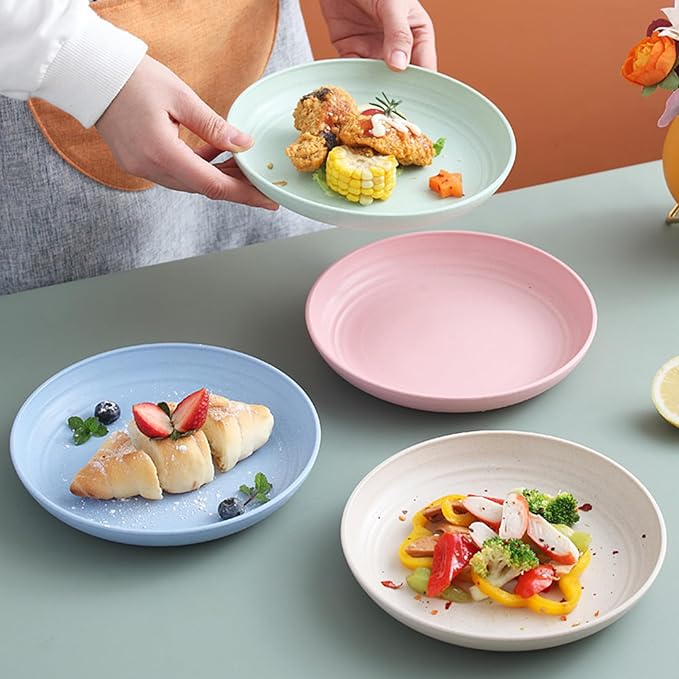 Wheat Straw Plates, Unbreakable Dinner Plates Set of 4, 8 Inch Plastic Plates Reusable, Dishwasher & Microwave Safe, Lightweight Salad Plates for Camping/Kitchen