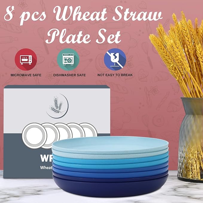 Wrova Wheat Straw Salad Plates - 9 Inch Unbreakable Dinner Plates Set of 8 - Dishwasher & Microwave Safe Plastic Plates Reusable - Lightweight Plates for kitchen,camping (Ocean)