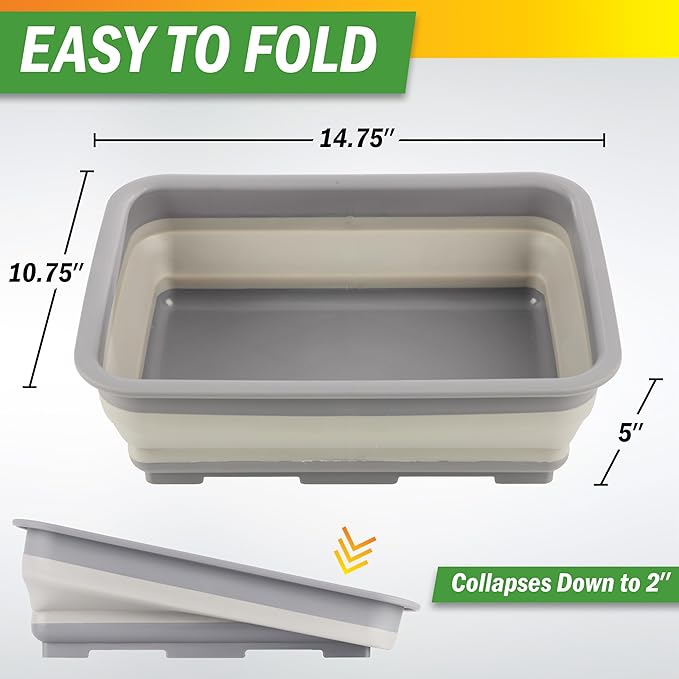 Collapsible Bucket for Cleaning - 7.27L Foldable Wash Bin Dish Tub - Collapsible Wash Basin or Camping Sink for Beach, Tailgating, or Soaking Laundry - Cleaning Supplies by Wakeman (Gray)