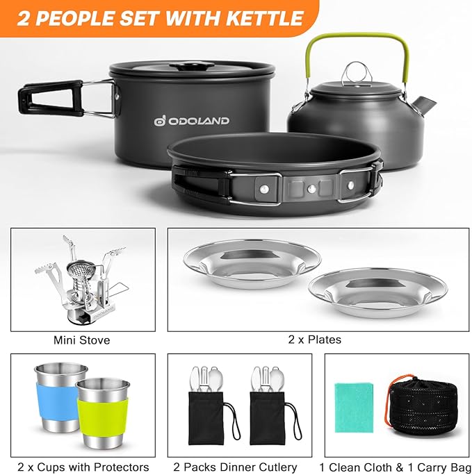 Odoland 16pcs Camping Cookware Set with Folding Camping Stove, Non-Stick Lightweight Pot Pan Kettle Set with Stainless Steel Cups Plates Forks Knives Spoons for Camping Backpacking Outdoor Picnic